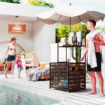 Pool Float Storage Organizer, PE Rattan Pool Float Holder With Basket Shelf Towel Bars, Rolling Pool Caddy For Floaties, Noodles, Life Vests, Beach Balls, Brown - Image 6