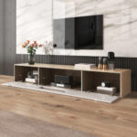 TV Cabinet, High Gloss TV Cabinet, Color Matching High-glosswhite And Wood Color, With Color Changing LED Light. - Image 5