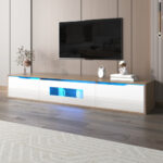 TV Cabinet, High Gloss TV Cabinet, Color Matching High-glosswhite And Wood Color, With Color Changing LED Light. - Image 8