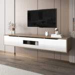 TV Cabinet, High Gloss TV Cabinet, Color Matching High-glosswhite And Wood Color, With Color Changing LED Light.