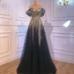 Black Gold One Word Shoulder Hosting Banquet Bride Toasting Evening Dress - Image 3