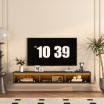 Floating TV Stand, Wall Mounted TV Shelf With Led Lights & Power Outlet,High Gloss TV Cabinet For Black Tv Stands For Living Room - Image 2